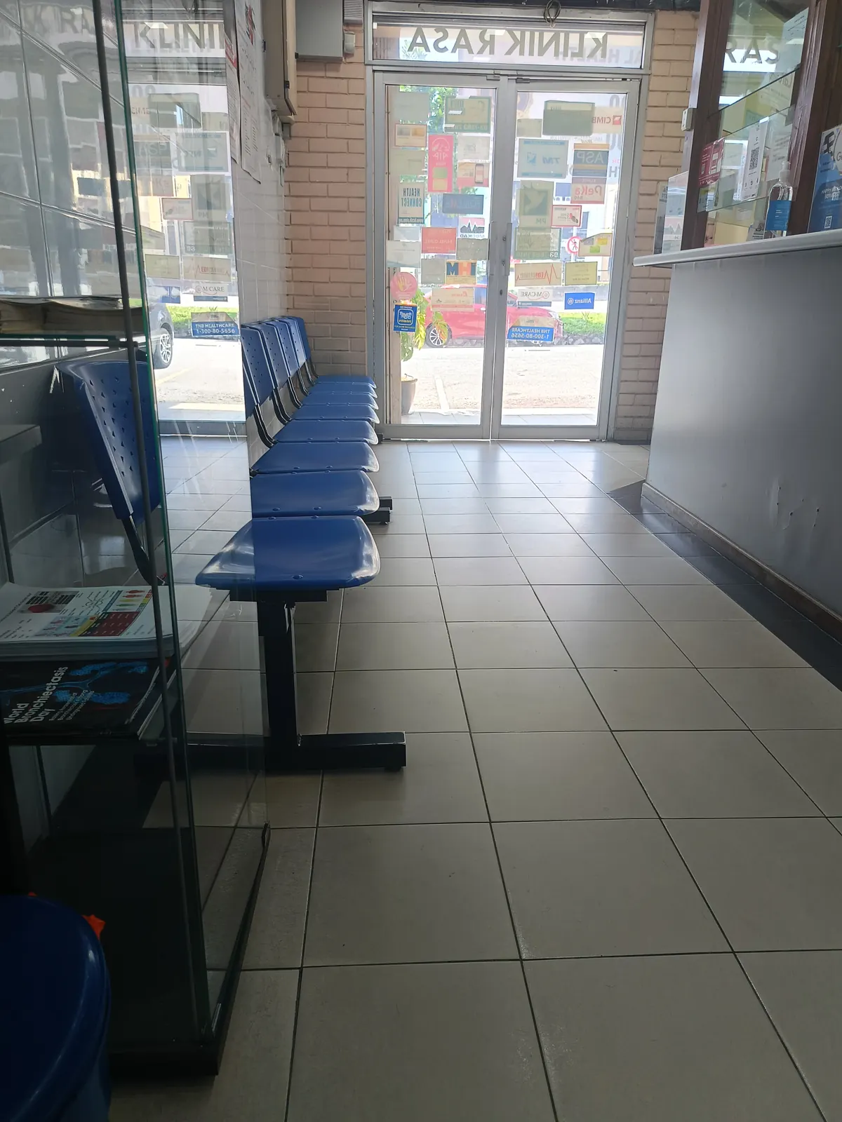 Waiting area inside Klinik Rasa, looking towards the front entrance
